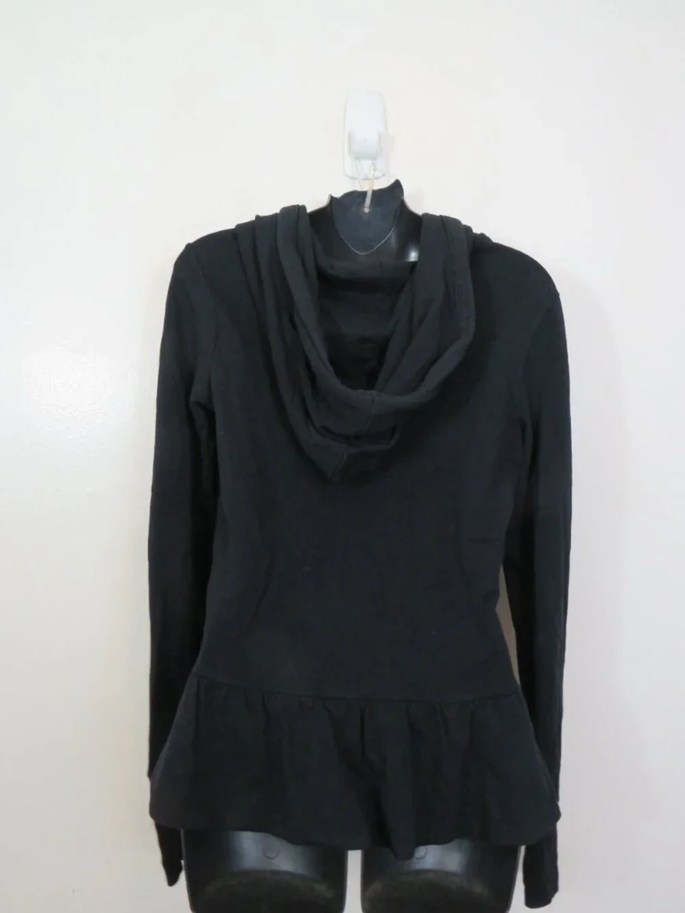 Aiko size Medium Full Zip Black Hoodie Ruffle Hem Slit Fit Basic Casual
